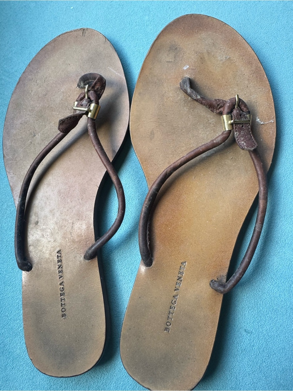 Bottega Veneta Brown Leather Thong Sandals with Gold-Tone Accents